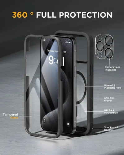Vista 2 de Miracase Funda magnética para iPhone 15 Pro [compatible con MagSafe] Funda protectora de cuerpo completo con protector de pantalla de vidrio