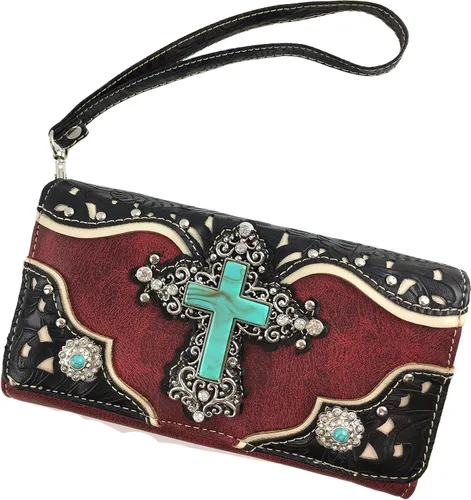 Vista 2 de Zelris turquesa Rhinestone Cruz Occidental mujeres Crossbody muñeca Trifold cartera