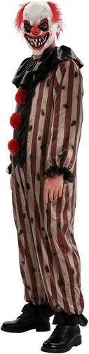 Vista 2 de Disfraz de payaso aterrador para hombre, overol de circo a rayas vintage y máscara para Halloween