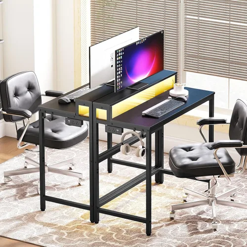 Vista 4 de YATINEY Escritorio pequeño para computadora con estación de carga y luces LED, escritorio para juegos con soporte para monitor, escritorio