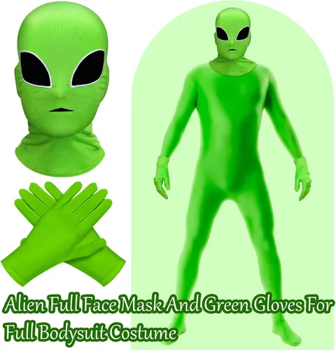 Vista 4 de Juego de guantes de disfraz de alienígena unisex de Halloween, máscara de cara completa, guantes clásicos largos de elastano, accesorios de disfraz