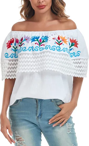 Vista 6 de YZXDORWJ Camisa con hombros descubiertos bordados mexicanos para mujer