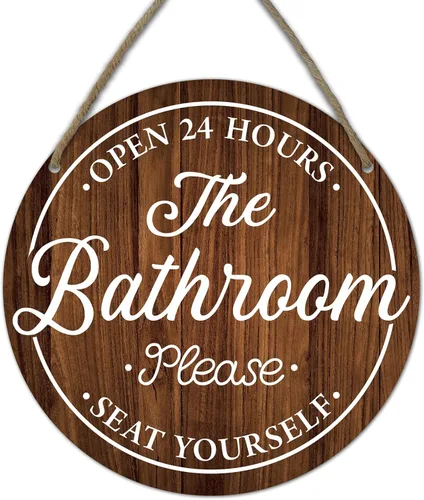 Vista 6 de Divertidos letreros decorativos para baño, con texto en inglés «Bathroom Open 24 Hours Please Seat Yourself», letrero colgante de madera rústica