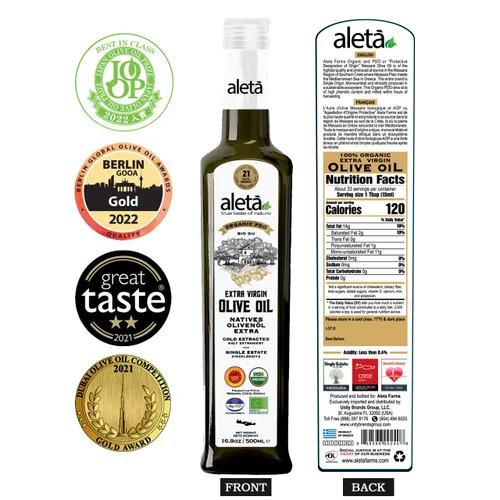 Vista 6 de Aleta Farms, Aceite de oliva virgen extra orgánico, DOP griego de una sola finca, primera prensa en frío, premio de oro 2025, botella de vidrio