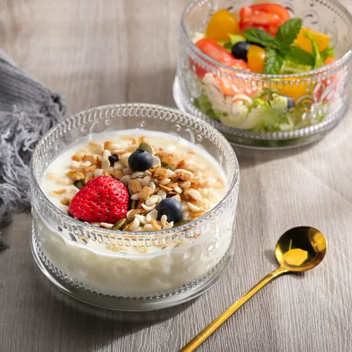 Vista 6 de Cuencos de vidrio para postre, cuenco para servir con cuchara dorada, cuencos para helado de postre, helado, cereales, nueces, pudín