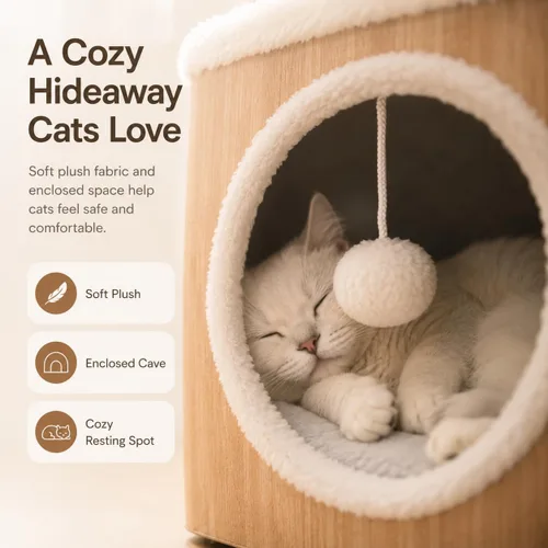 Vista 3 de Casa de condominio para gatos con cojines reversibles y bola esponjosa colgante, cubo plegable para gatos, cama cueva grande para gatitos