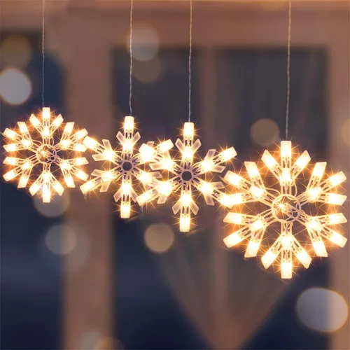 Vista 5 de Luces de Copo de Nieve de 8.5 Pies con 6 Gotas, 100 Bombillas Transparentes de Luces de Cadena de Navidad, Enchufables y Conectables Juego de Luces
