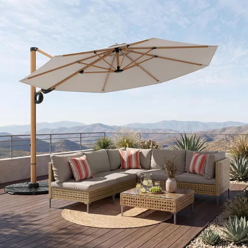 Vista 8 de Grand patio Sombrilla de patio de 12 pies, sombrilla redonda voladiza para exteriores con rotación de 360°, paraguas de aluminio para patio, jardín