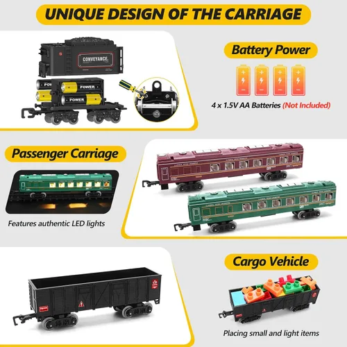 Vista 5 de Juego de tren para niños, tren de locomotora de vapor con coche de carbón, vagón de pasajeros, coche de carga y pistas largas, kits de tren