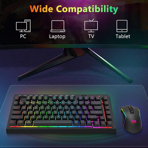 Vista 9 de Redragon Combo de teclado y mouse inalámbricos para juegos, Bluetooth2.4GUSB-C con cable, retroiluminación RGB, teclado macro de membrana recargable