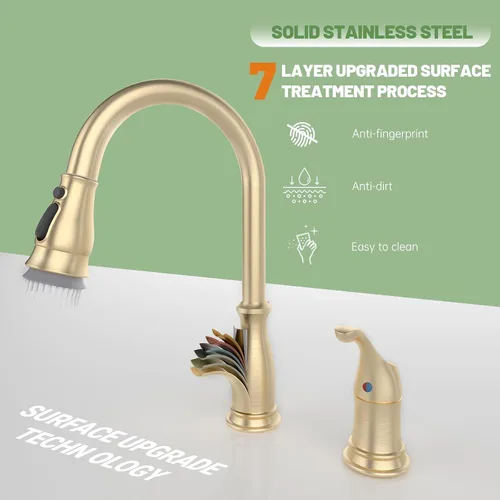 Vista 7 de APPASO - Grifo de cocina de 3 agujeros con mango lateral separado, color dorado cepillado Single Handle High Arc Kitchen Faucets with 3-Mode Pull