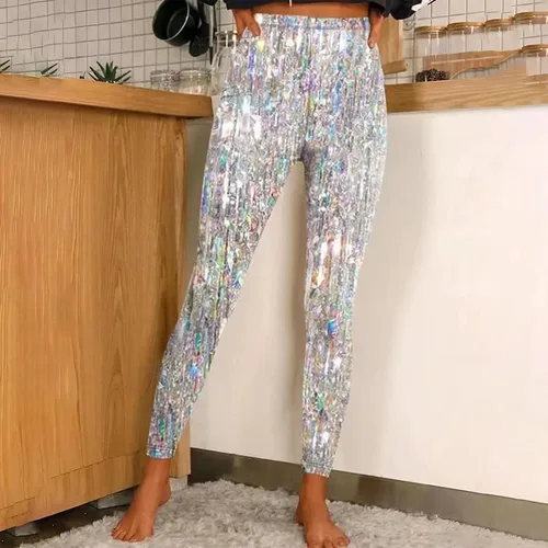 Vista 2 de Comigeewa Pantalones deportivos con lentejuelas para mujer, leggings de cintura alta, pantalones largos brillantes, cintura elástica, pantalones