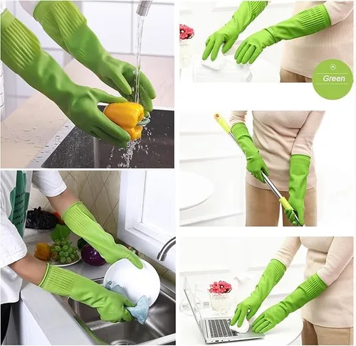 Vista 4 de 3 pares de guantes de lavado de platos, guantes de limpieza reutilizables de 15 pulgadas para tareas de cocina, baño y hogar, goma gruesa y flexible