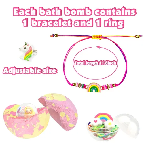 Vista 2 de Bombas de baño para niños con sorpresa en el interior, 6 bombas de baño grandes de burbujas orgánicas para niños con pulseras y anillos, juguetes