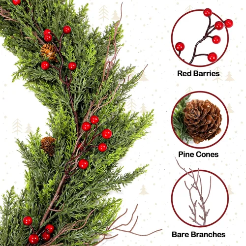 Vista 2 de ENVEN Guirnalda de Navidad de cedro sintético con bayas rojas y conos de pino, vegetación de invierno sintética completa para repisas navideñas