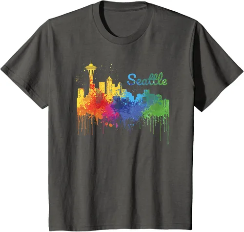 Vista 29 de Seattle Washington Skyline Watercolor Souvenir Seattle Camiseta, Negro