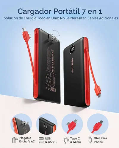 Vista 3 de VEEKTOMX Cargador portátil con cables incorporados y enchufe de pared de CA Negro rojo