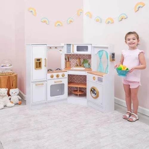 Vista 2 de KidKraft Ultimate - Cocina de esquina de madera con luces y sonidos, teléfono de juego y cortinas, blanco Lazy Susan, cortinas, se adapta a dos