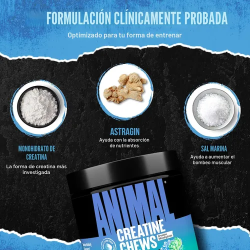 Vista 5 de Animal Gomitas de Creatina – Tabletas masticables mejoradas de monohidrato de creatina con AstraGin y sal marina, máxima absorción pre