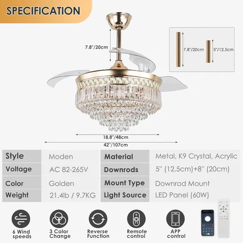 Vista 4 de Ventilador de techo de cristal dorado de 42 pulgadas con luces Lámpara de araña LED moderna retráctil con control remoto para sala de estar CMCF Oro