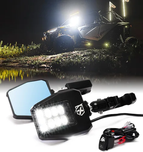 Vista 9 de Xprite UTV Espejos Laterales de Aluminio con Focos LED Lente Transparente Compatible con Barra de Jaula Antivuelco de 1.75"-2" para Pioneer Polaris