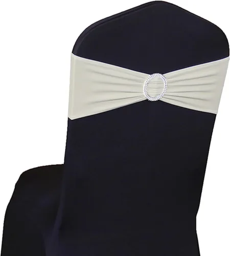 Vista 21 de Paquete de 50 bandas negras de elastano para sillas de boda, lazos con hebillas para fiestas, cumpleaños, fiestas, banquetes de jubilación