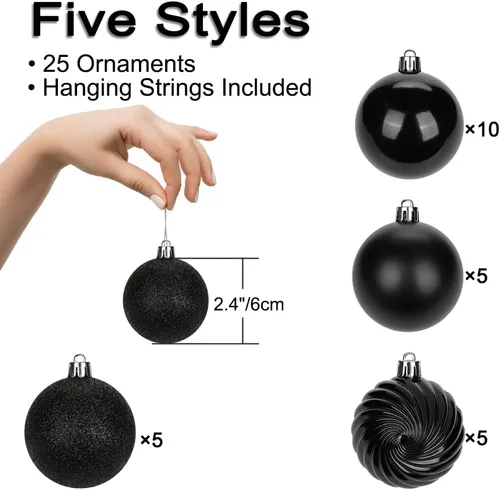 Vista 5 de Adornos de bolas de Navidad negras de 2.36 pulgadas, 25 piezas inastillables, set de adornos de Navidad, bolas de Halloween, adorno negro para árbol