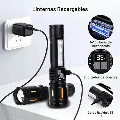 Vista 4 de Linterna recargable de lúmenes altos 900,000L, linternas LED portátiles súper brillantes, 5 modos, luz táctica potente con luz lateral Cob, USB C