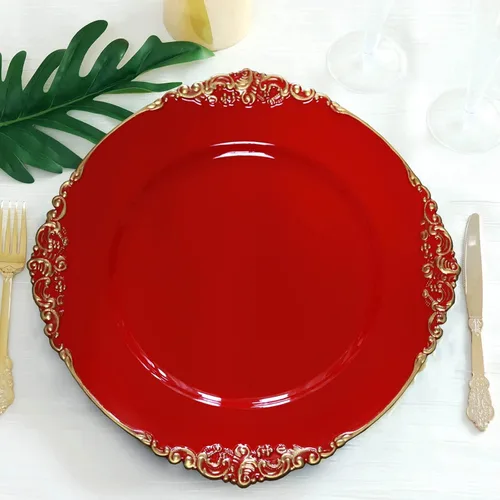 Vista 15 de Tableclothsfactory Paquete de 6 platos barrocos redondos de oro transparente de 13 pulgadas, borde en relieve de hojas para decoración de mesa