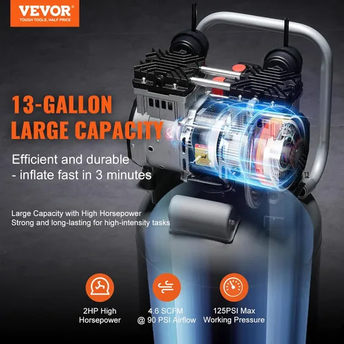 Vista 2 de VEVOR Compresor de aire de 13 galones, 2 HP, 4.6 SCFM a 90 PSI, tanque sin aceite, funcionamiento silencioso de 66 dB, ideal para inflar neumáticos