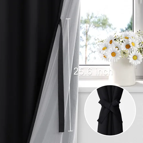 Vista 3 de XWZO Cortinas 100% opacas de 45 pulgadas de largo con alzapaños, cortinas de ventana de sombra completa, aislamiento térmico, doble capa con forro