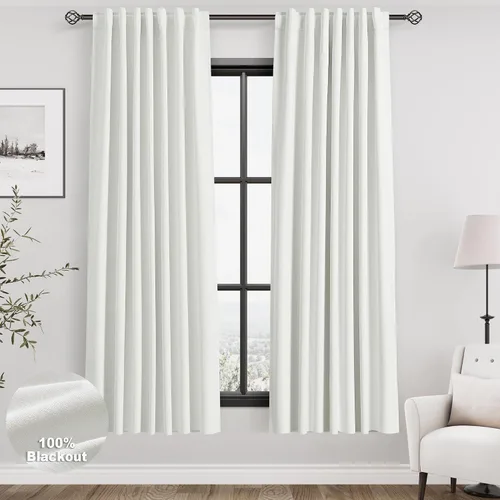 Vista 101 de Nanspring Cortinas de lino 100% opacas para dormitorio, 96 pulgadas de largo, con pestaña trasera, bolsillo para barra, aislamiento térmico, cortina