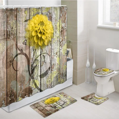 Vista 12 de JAWO Alfombra de baño con flores de granja, dalia en tablones de madera rústica, juego de tapetes de baño con flores azules, en forma de U
