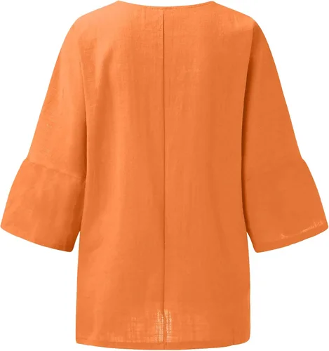 Vista 5 de DASAYO Camisa de cuello redondo para mujer, de algodón, lino, color liso, casual, cómoda, holgada, para salir, ropa de verano