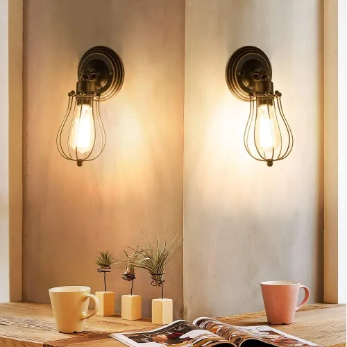 Vista 2 de Luces de pared estilo rústico americano, estilo vintage, enchufe ajustable, iluminación industrial, apliques de jaula de metal de alambre rústico