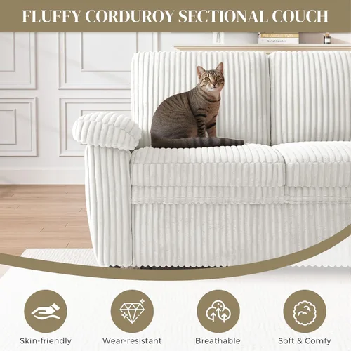 Vista 3 de Sofá cama modular de 110 pulgadas con cama extraíble, diván de almacenamiento y carga USB, sofás seccionales de pana de felpa en forma de U beige