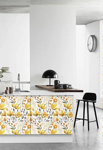 Vista 5 de Blooming Wall Papel tapiz autoadhesivo autoadhesivo con diseño de acuarela transparente transparente amarillo fresco floral Kapok