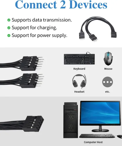 Vista 5 de Duttek Cable divisor USB, 5 pulgadas/5.1 in, USB 2.0 9 pines hembra a doble 9 pines macho extensión para placa base, 1 paquete