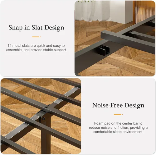 Vista 7 de VECELO Base de cama tamaño individual, plataforma de metal resistente con cabecera de madera, no necesita somier, color marrón antiguo