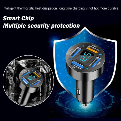 Vista 5 de Cargador de automóvil de 66 W de carga súper rápida con USB 2.4A y QC 3.0 (voltímetro y luces LED), carga rápida universal para enchufe
