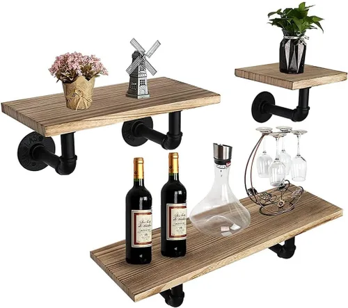 Vista 9 de Juego de 3 estantes flotantes para montar en la pared, estantes industriales para decoración de pared, color negro, estante de pared de madera
