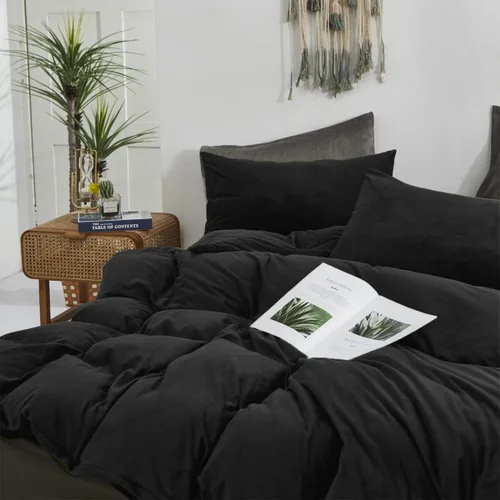 Vista 3 de Wellboo - Juego de edredón de terciopelo color negro tamaño full, ropa de cama esponjosa de color sólido, colcha de franela para mujeres y hombres