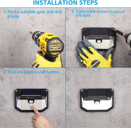 Vista 7 de TORCHSTAR Luces solares con sensor de movimiento para exteriores, IP65, impermeable, inalámbrica, iluminación de pared para exteriores, para Negro