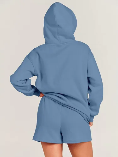 Vista 4 de ANRABESS Conjunto de 2 piezas para mujer, sudadera con capucha de gran tamaño, pantalones cortos, sudadera para descansar, ropa deportiva de moda