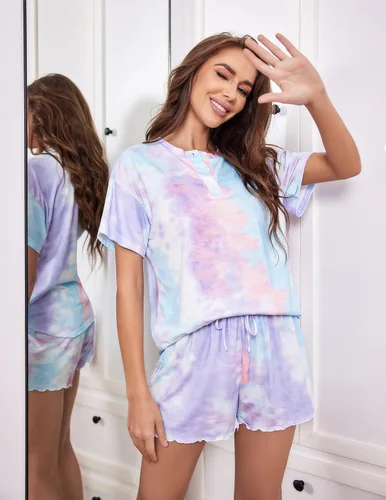 Vista 4 de Ekouaer - Conjunto de pijama de 2 piezas para mujer, con diseño de teñido anudado, para dormir y descansar