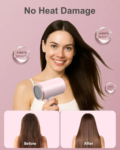 Vista 6 de ANNLARY ANNLARY - Secador de pelo con peine, 1800 W con difusor para cabello rizado, secador de pelo iónico de plasma para control de Rosa bebé/oro