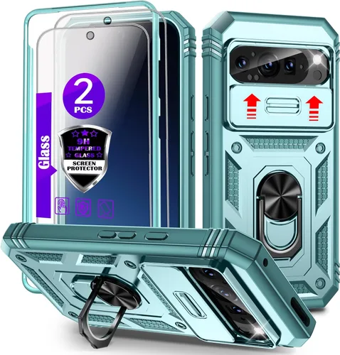 Vista 19 de Funda para Pixel 9 Pro XL con cubierta deslizante para cámara, 2 protectores de pantalla de vidrio templado, soporte de anillo giratorio de 360°