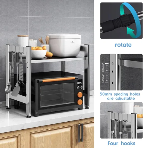 Vista 6 de Estante extensible para horno microondas de 2 niveles para encimera de acero inoxidable Heavy-duty adjustable microwave stand countertop organizer