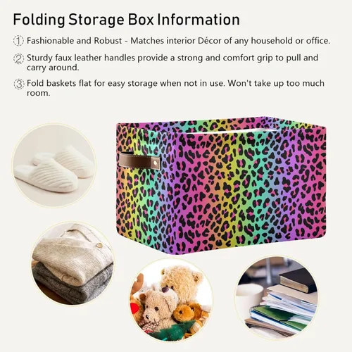 Vista 5 de Bolaz Cesta de almacenamiento grande con diseño de leopardo y arcoíris, plegable, con asas, para dormitorio, hogar, oficina