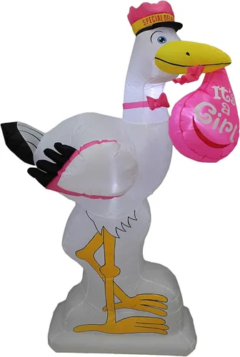 Vista 2 de Paquete de dos decoraciones de fiesta de baby shower, incluye cigüeña rosa inflable de 6 pies de alto con texto en inglés "It's a Girl" y una
